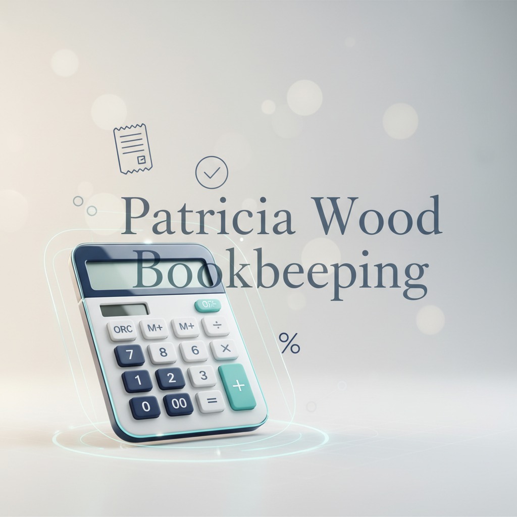 A calculator sits on a light gray surface beneath the text Patricia Wood Bookkeeping and faint accounting icons.